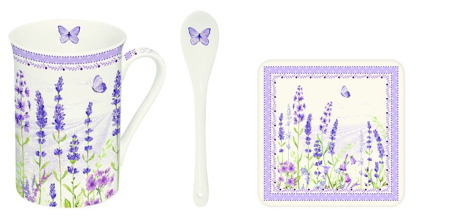 Skodelica za kavo ali čaj z žličko in podstavkom Lavender Field EASY LIFE