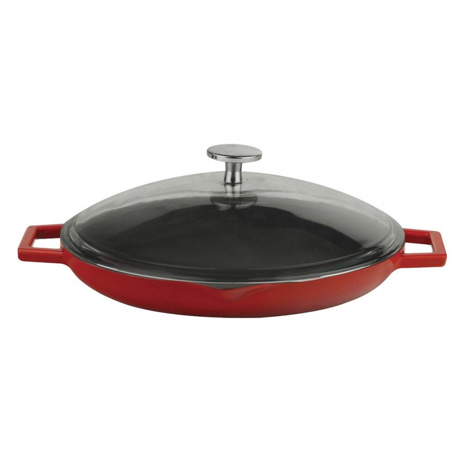 Rdeča litoželezna žar ponev s steklenim pokrovom LAVA, 30 cm