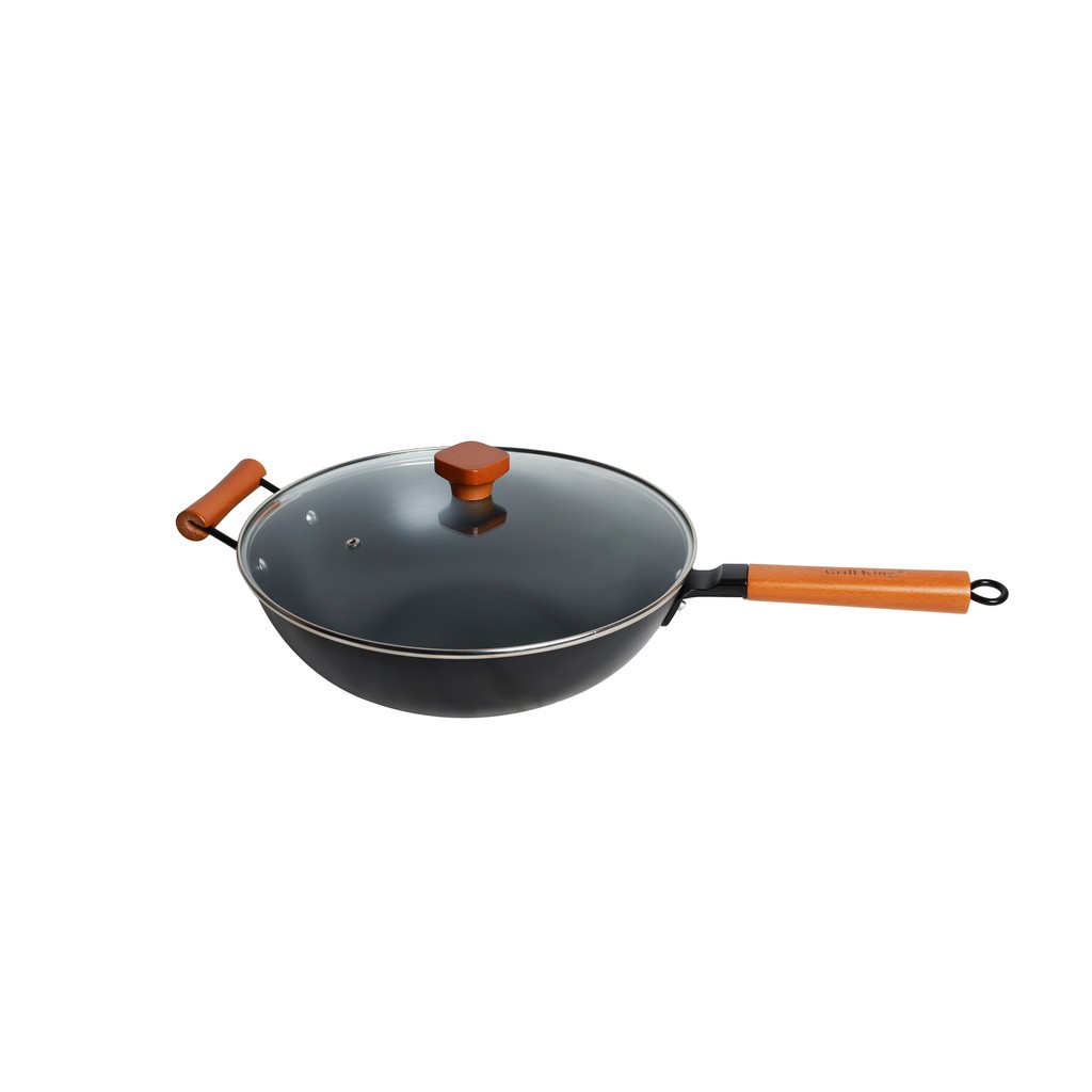 Grill King Asia nitrirani wok z dvema ročajema in ravnim dnom + steklena pokrovka, 32 cm - slika 2