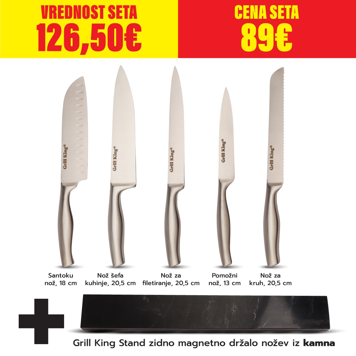 Grill King Stand zidno magnetno držalo nožev iz kamna + 5 nožev