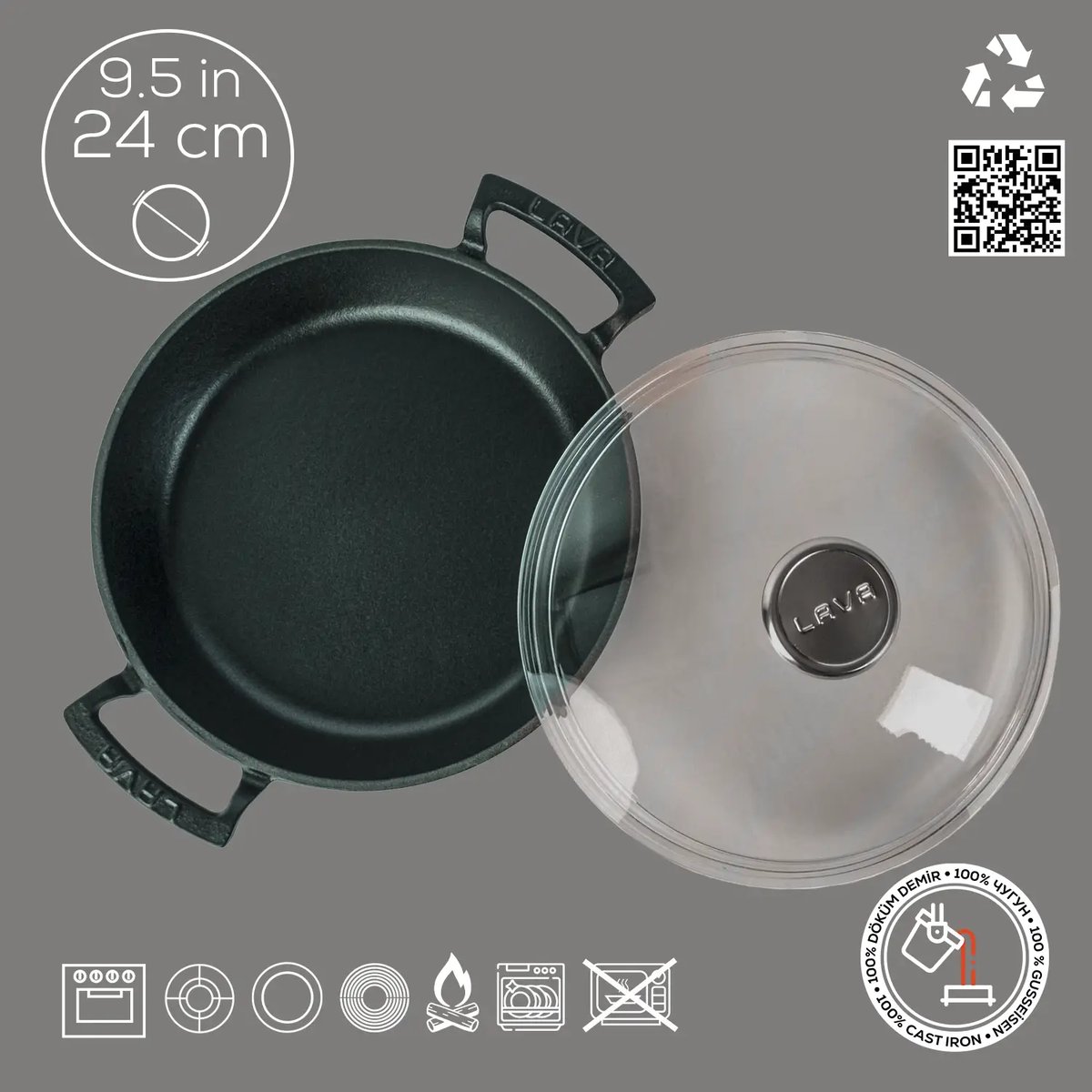 Lava okrogla večnamenska ponev z integriranimi ročaji in steklenim pokrovom - slika 4