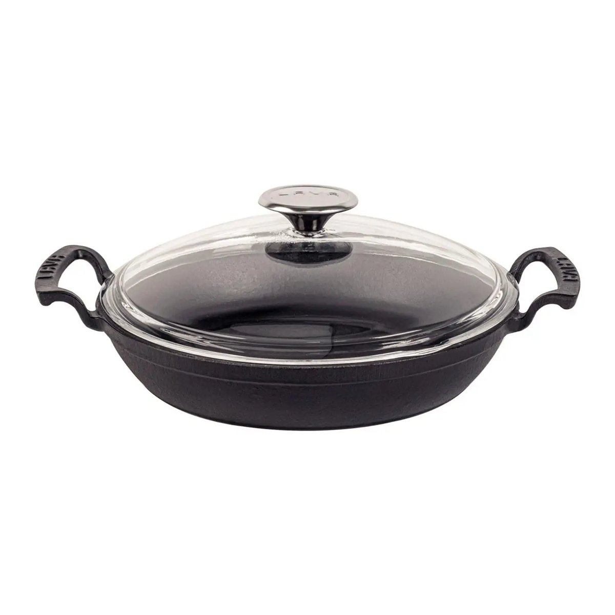 Lava okrogla večnamenska ponev z integriranimi ročaji in steklenim pokrovom
